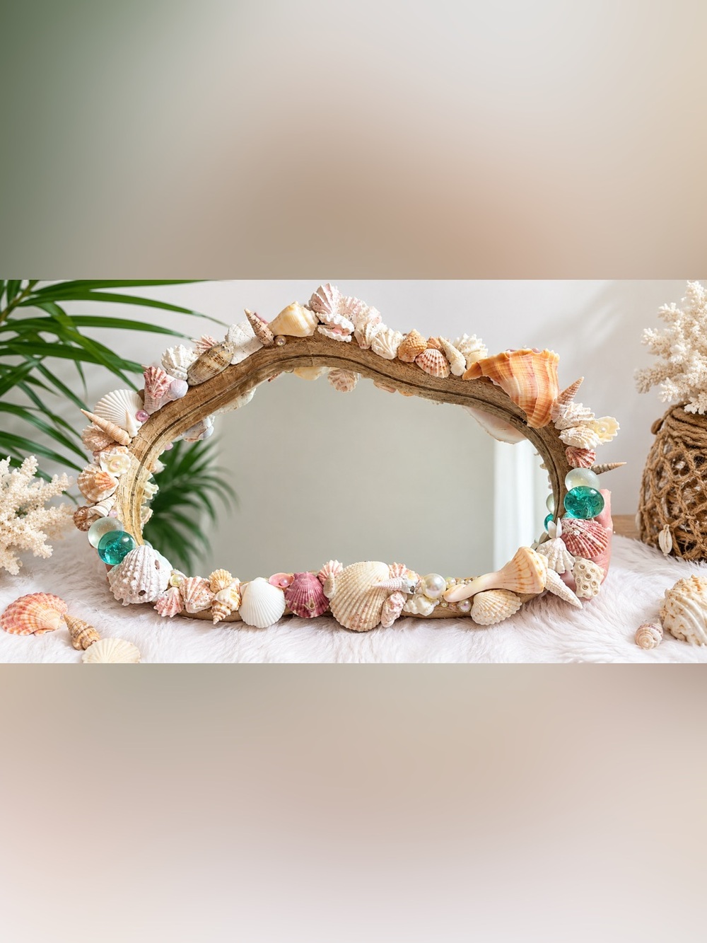 Hand Crafted Coastal Seashell Wood Mirror🐚